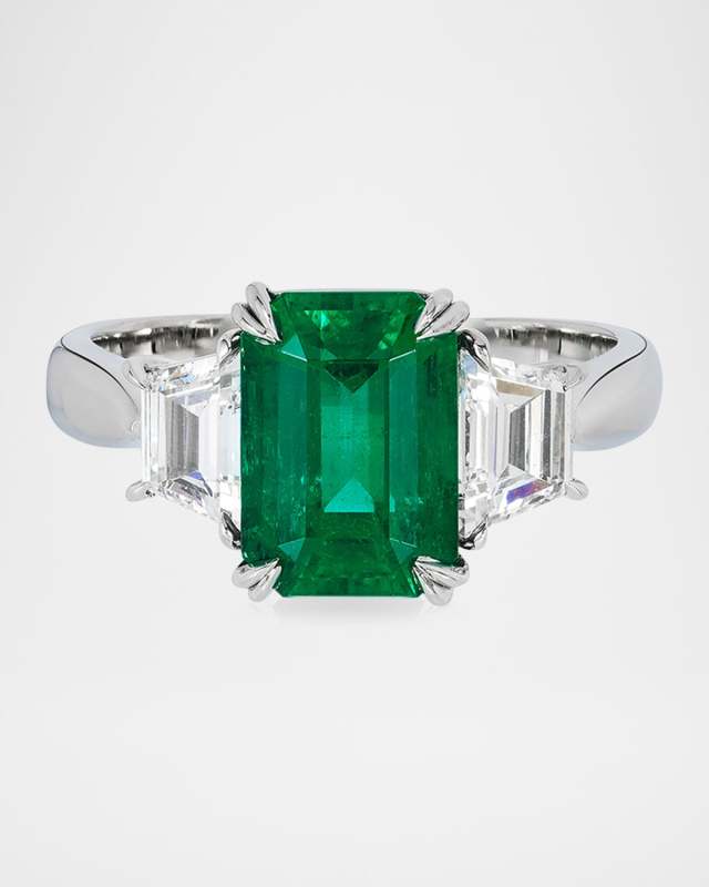 Handmade Platinum 3-Stone Statement Ring with Diamonds and Emerald